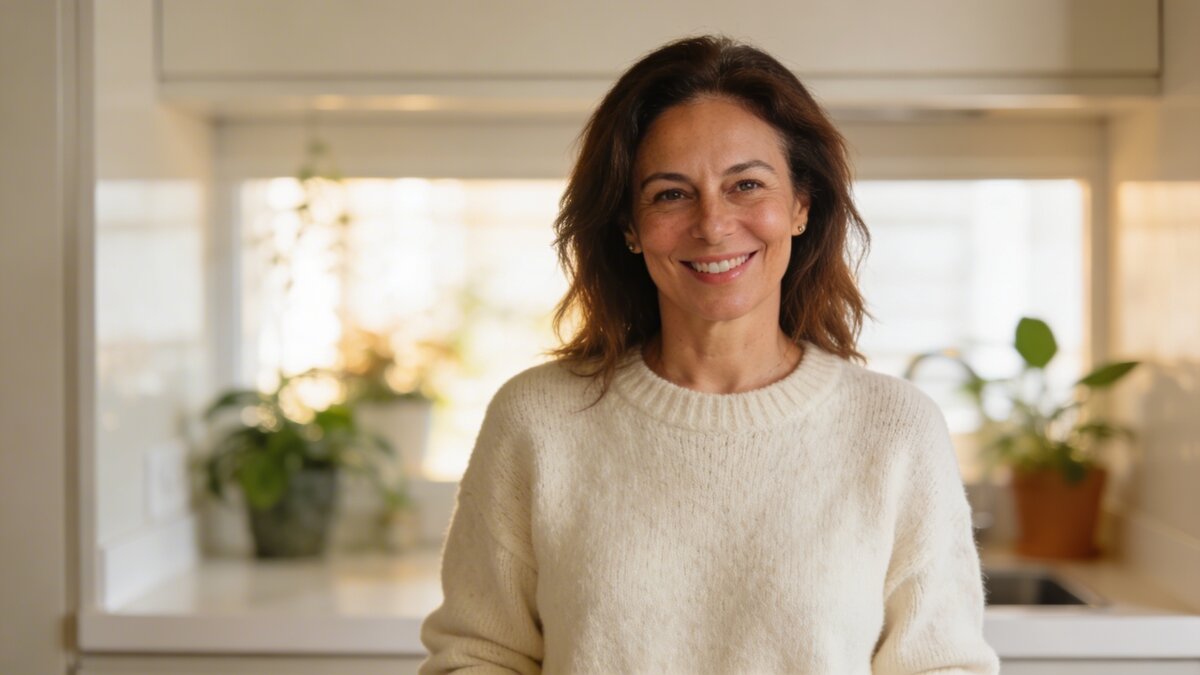 Confident woman in her late 40s smiling warmly